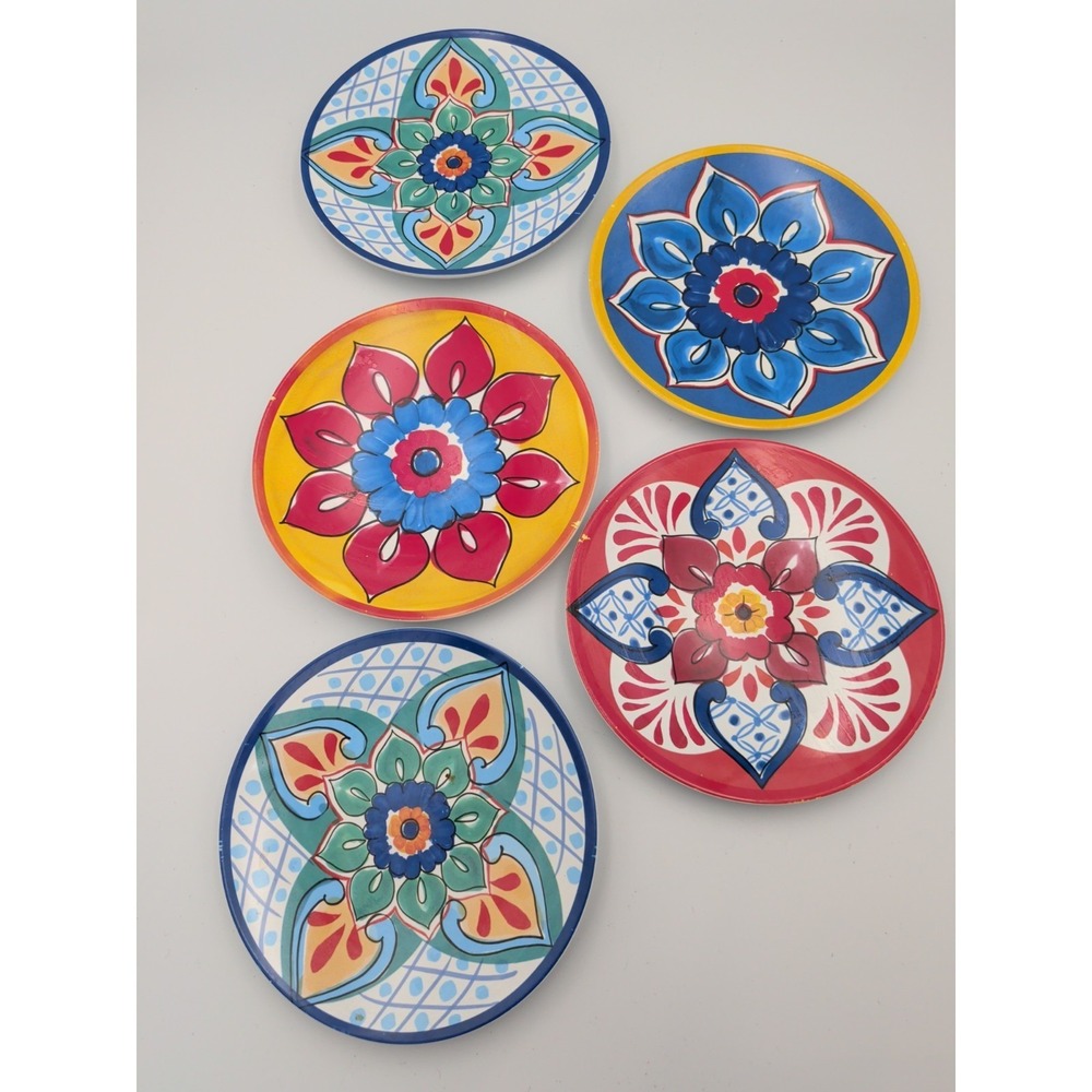 Vibrant Talavera Style Melamine Appetizer Plates Set of 5 Boho Medallion 6"